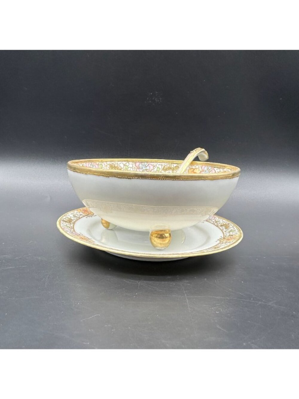 Antique Nippon Hand Painted Floral Moriage Gold Footed Dish Set Ladle Plate - Picture 2 of 10